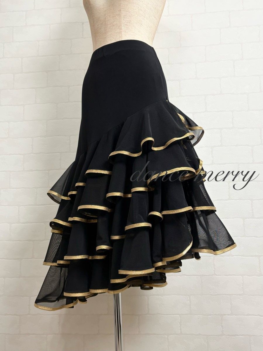 新品 社交ダンス ラテン スカート 黒 ゴールド パーティ タンゴ 1103
