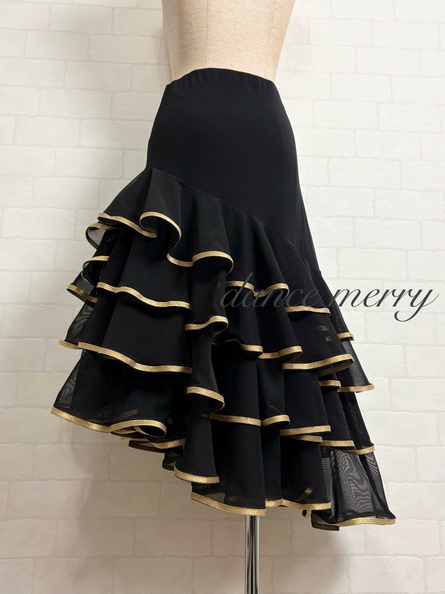 新品 社交ダンス ラテン スカート 黒 ゴールド パーティ タンゴ 1103