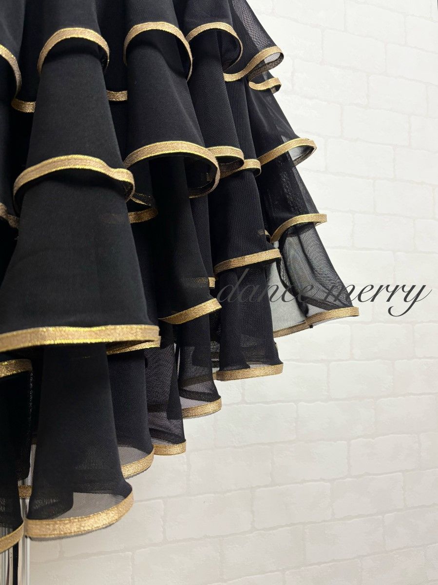 新品 社交ダンス ラテン スカート 黒 ゴールド パーティ タンゴ 1103