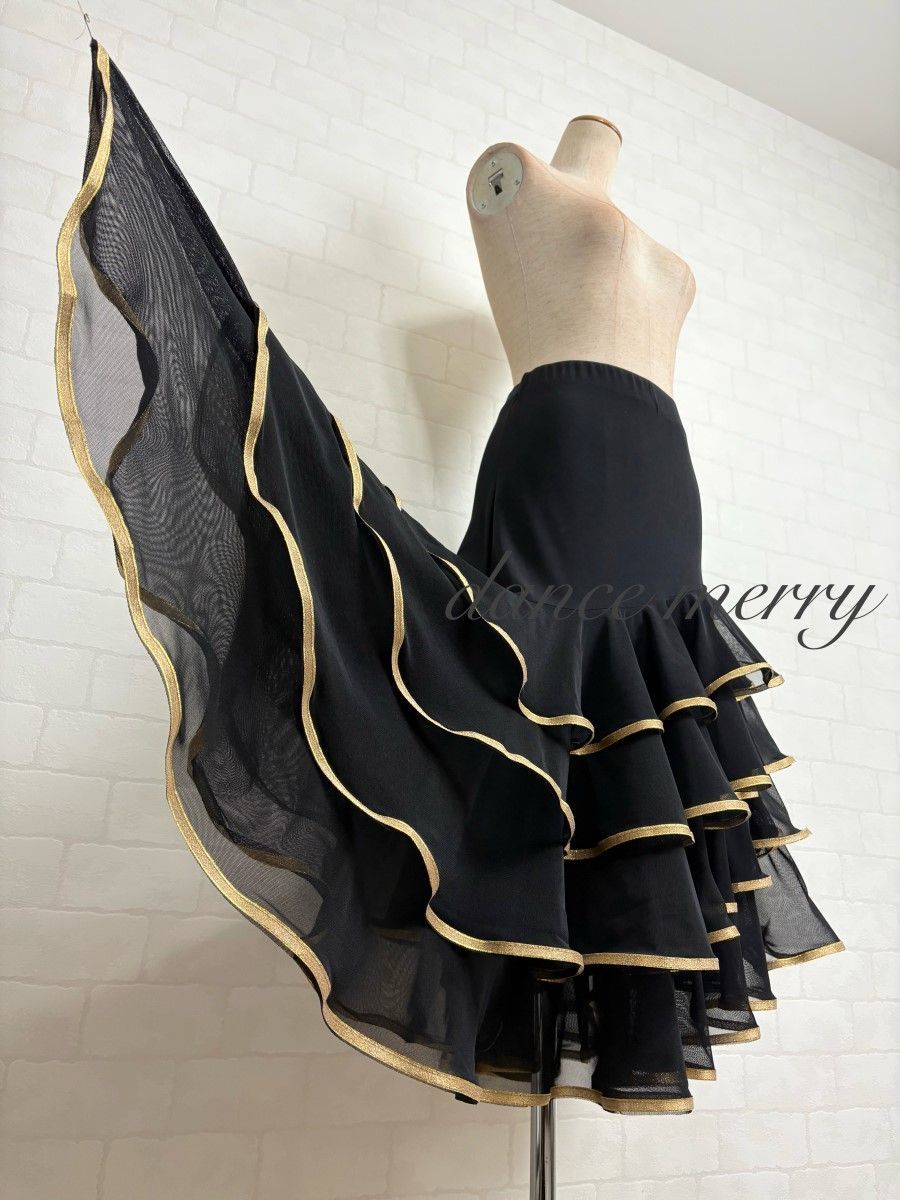 新品 社交ダンス ラテン スカート 黒 ゴールド パーティ タンゴ 1103