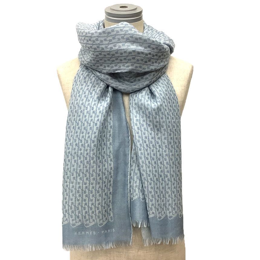 美品✨箱付　HERMES エルメスライトブルー ストールカシミヤシルク　カシシル HERMES エルメス H柄 ストール ショール カシミヤ シルク カシシル