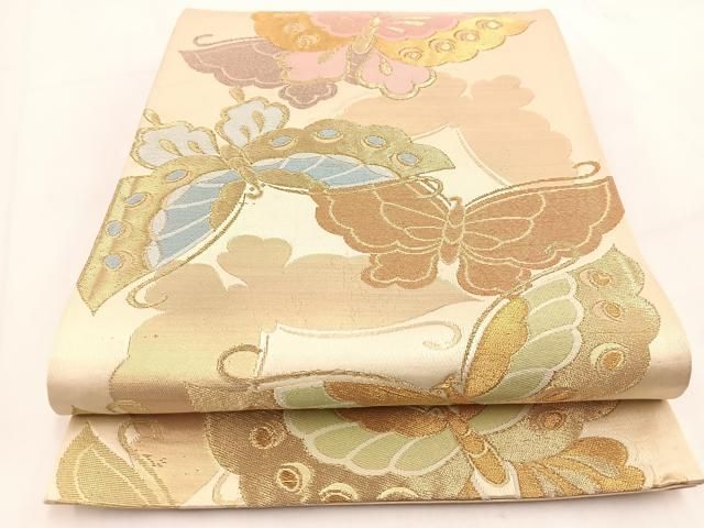 平和屋着物◎六通柄袋帯 唐織 舞蝶文 金糸 正絹 逸品 BAAV7578yc