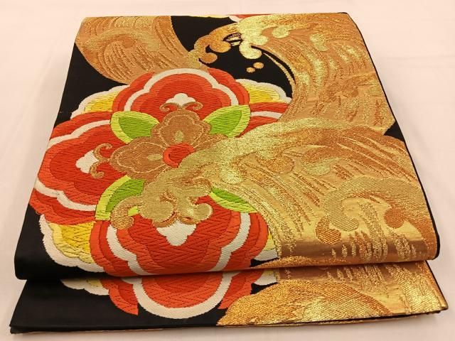 平和屋着物◎六通柄袋帯 唐織 立波正倉院文 黒地 金糸 正絹 逸品