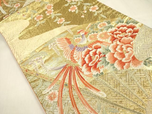 洗練された草花模様　黄金ムガ蚕　正絹六通高級袋帯 平和屋着物◎本佐賀錦 六通柄袋帯 唐織 扇面鳳凰花文 金糸 正絹 逸品