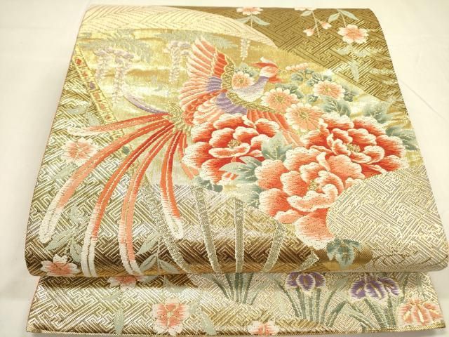平和屋着物◎本佐賀錦 六通柄袋帯 唐織 扇面鳳凰花文 金糸 正絹 逸品