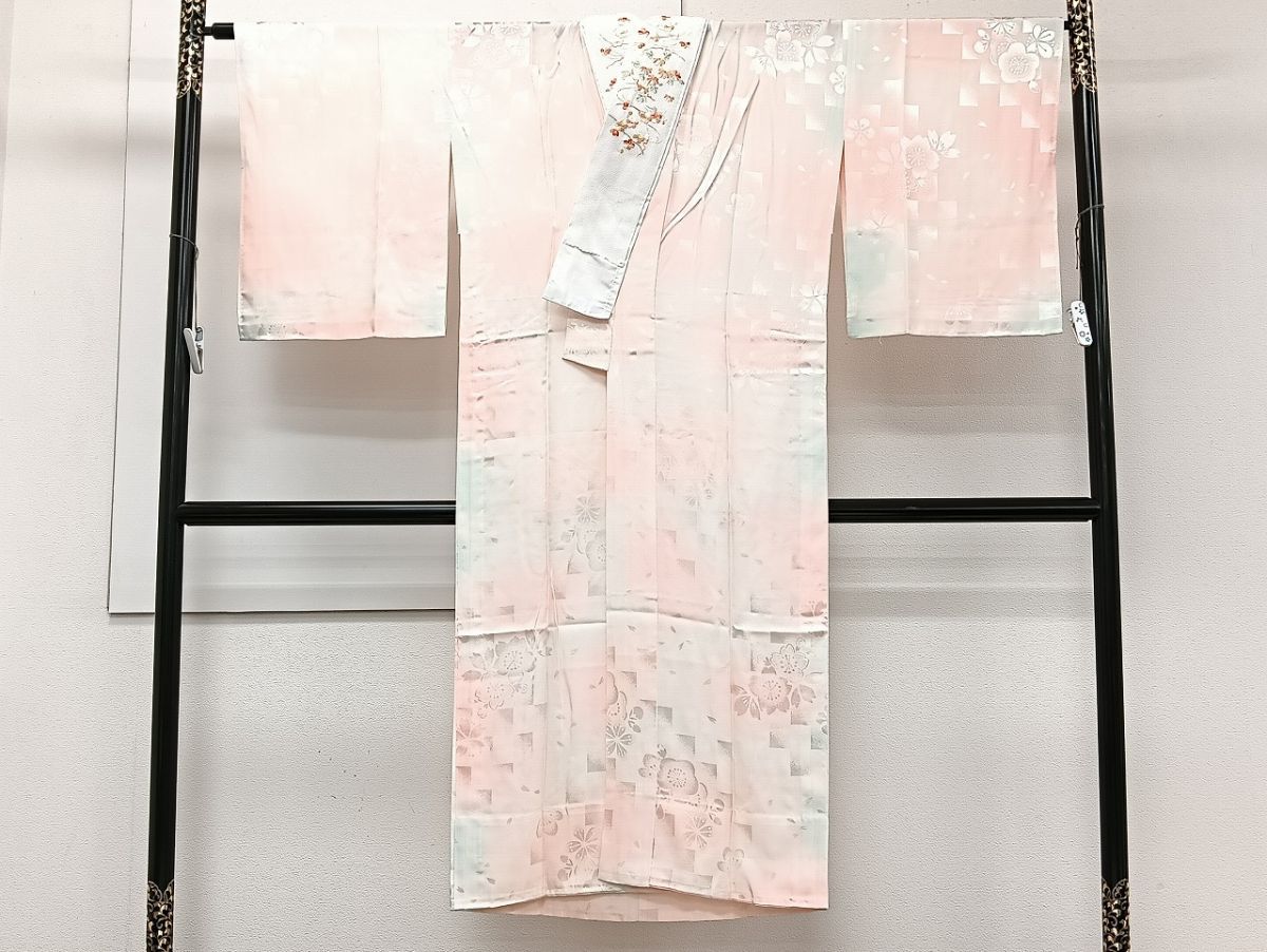 平和屋着物●振袖用長襦袢　無双仕立て　枝桜地紋　暈し染め　正絹　逸品　CABA6302yc 平和屋着物○長襦袢 無双仕立て 舞蝶桜地紋 暈し染め 正絹 逸品 CABA6362yc