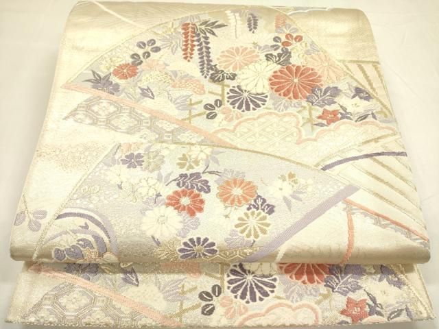 平和屋着物◎六通柄袋帯 唐織 扇面花文 金糸 正絹 逸品 DABA6171op