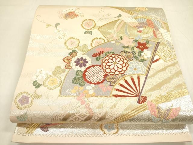 平和屋着物◎六通柄袋帯 唐織 舞蝶扇面鳳凰花文 金銀糸 正絹 逸品 未