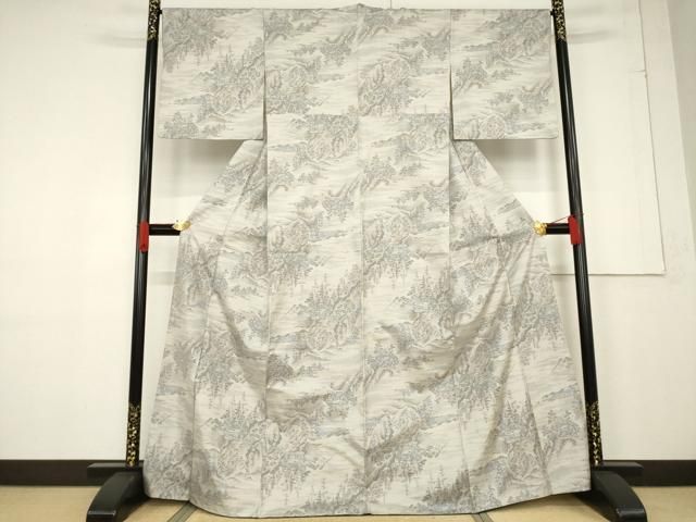 平和屋着物●本場大島紬　白大島　カタス9マルキ　風景文　正絹　逸品　AABF1793ck 平和屋着物○本場大島紬 白大島 9マルキ 流水草花文 正絹 逸品 未使用