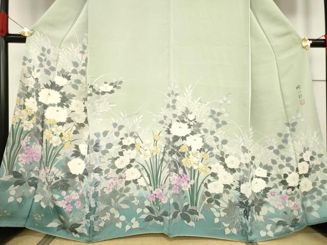 平和屋着物●染織工芸はまや　京都手描友禅作家　濱屋修一郎　訪問着　草花文　暈し染め　金彩　正絹　逸品　AABF1812ck 平和屋着物○染織工芸はまや 京都手描友禅作家 濱屋修一郎 訪問着 草花