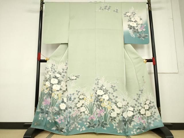 平和屋着物●染織工芸はまや　京都手描友禅作家　濱屋修一郎　訪問着　草花文　暈し染め　金彩　正絹　逸品　AABF1812ck 平和屋着物○染織工芸はまや 京都手描友禅作家 濱屋修一郎 訪問着 草花
