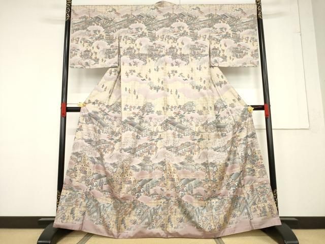 平和屋着物●本場大島紬　染大島　訪問着　人物風景文　金彩　正絹　逸品　AABF1831ck 平和屋着物○本場大島紬 染大島 訪問着 人物風景文 金彩 正絹 逸品