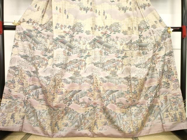 平和屋着物●本場大島紬　染大島　訪問着　人物風景文　金彩　正絹　逸品　AABF1831ck 平和屋着物○本場大島紬 染大島 訪問着 人物風景文 金彩 正絹 逸品
