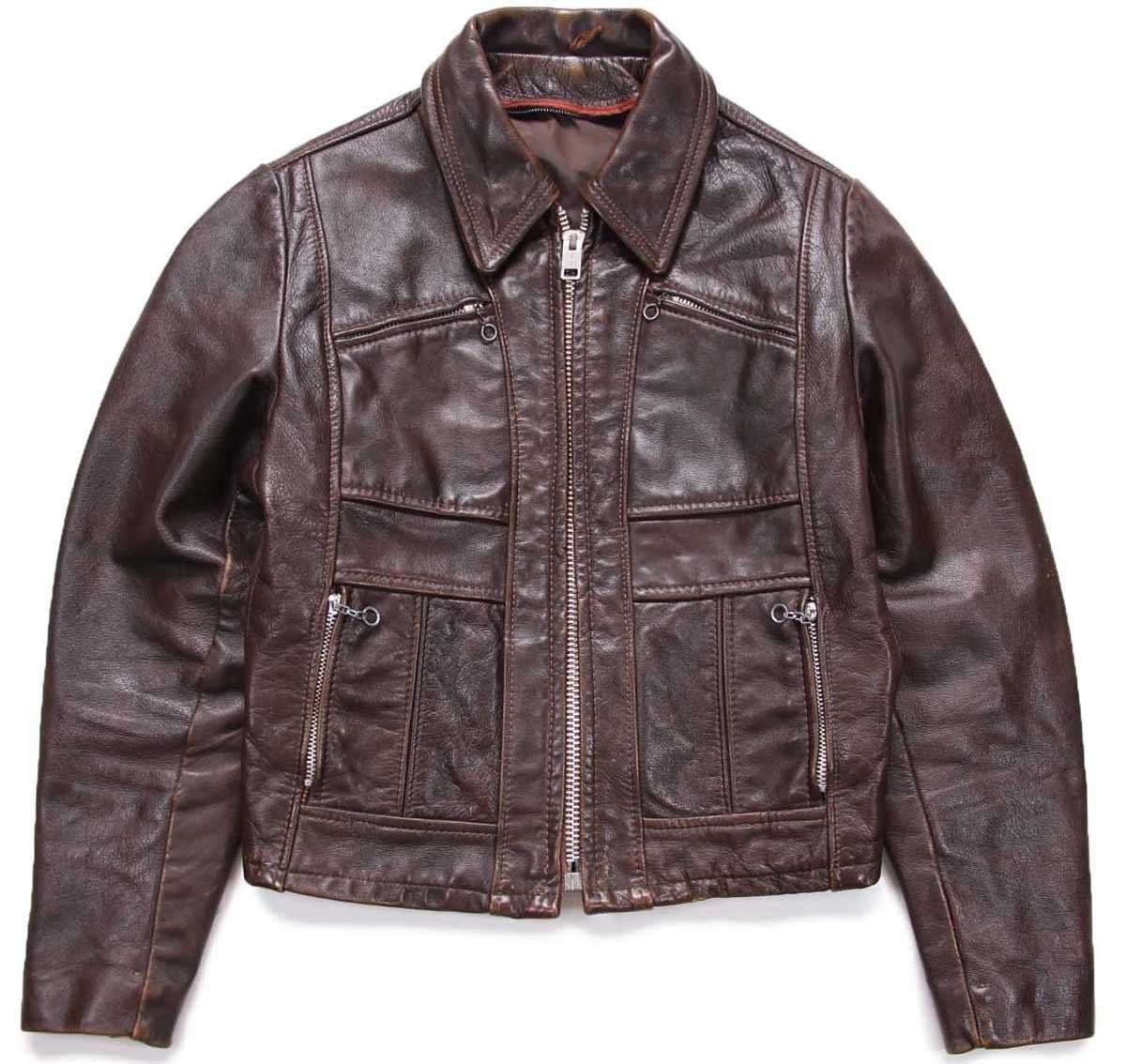 70s vintage レザーシングルライダースジャケット 古着 70s UNKNOWN シングルライダース レザージャケット 焦げ茶 13