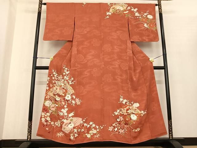 平和屋着物●アンティーク　大正ロマン　訪問着　駒刺繍　地紙花文　金糸　金彩　正絹　逸品　AABF0415fy 平和屋着物○アンティーク 大正ロマン 訪問着 駒刺繍 地紙花文 金糸