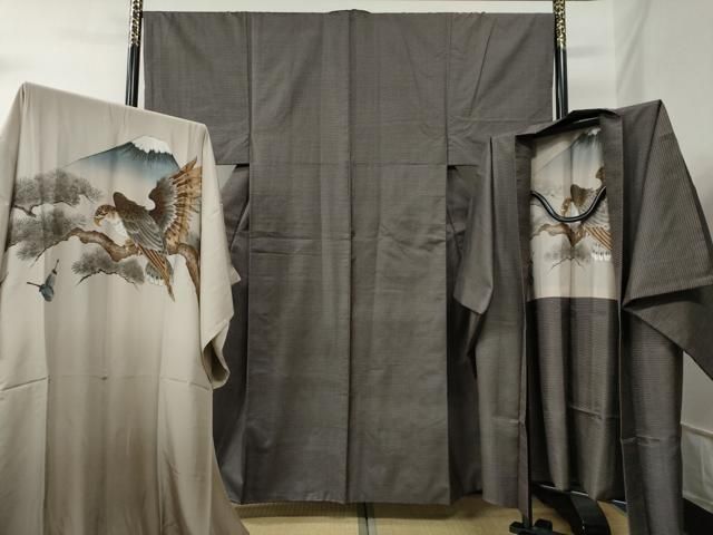 大島紬　➕長襦袢染め大島　付け下げ　かっこいい　フルセット　着物　正絹　k4 平和屋着物○男性 本場大島紬 アンサンブル・長襦袢セット 100亀甲 総