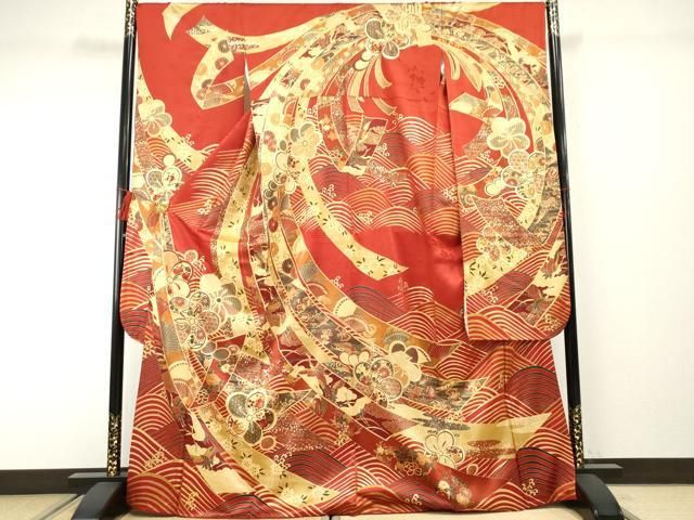 平和屋着物●豪華振袖　駒刺繍　束ね熨斗飛鶴吉祥花文　金彩　正絹　逸品　AABF2003cs 平和屋着物○豪華振袖 駒刺繍 束ね熨斗飛鶴吉祥花文 金彩 正絹 逸品