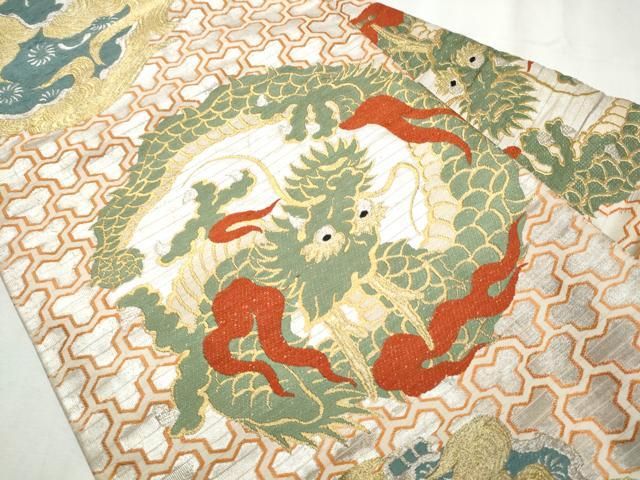 平和屋着物○アンティーク 大正ロマン 九寸名古屋帯 唐織 龍 唐獅子 金