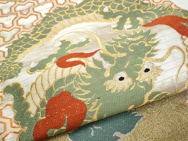 平和屋着物○アンティーク 大正ロマン 九寸名古屋帯 唐織 龍 唐獅子 金