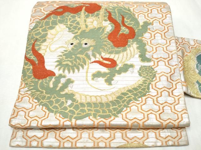 平和屋着物●アンティーク　大正ロマン　九寸名古屋帯　唐織　龍　引き抜き帯　正絹　逸品　CABB0453hy 平和屋着物○アンティーク 大正ロマン 九寸名古屋帯 唐織 龍 唐獅子 金