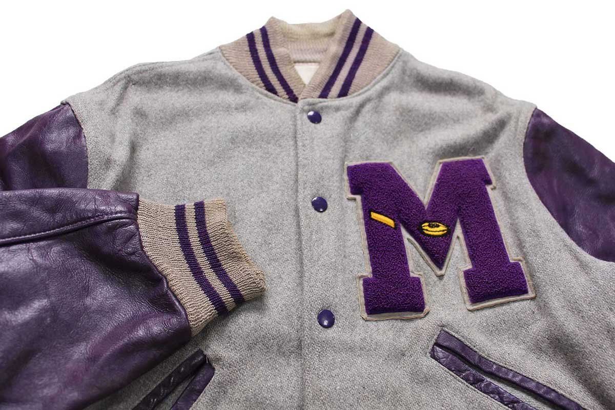 60s UNKNOWN レタードパッチ付き メルトン ウール 袖革スタジャン