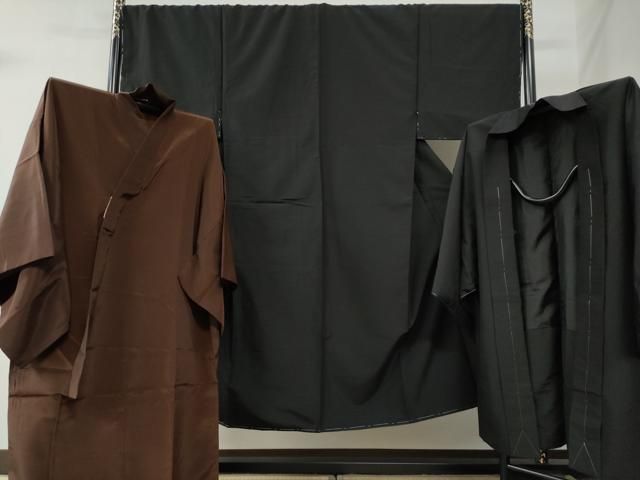平和屋着物●男性　色無地　アンサンブル・長襦袢セット　着物・羽織：黒地　長襦袢：焦茶色　洗える着物　未使用　CABB4388yc 平和屋着物○男性 色無地 アンサンブル・長襦袢セット 着物・羽織