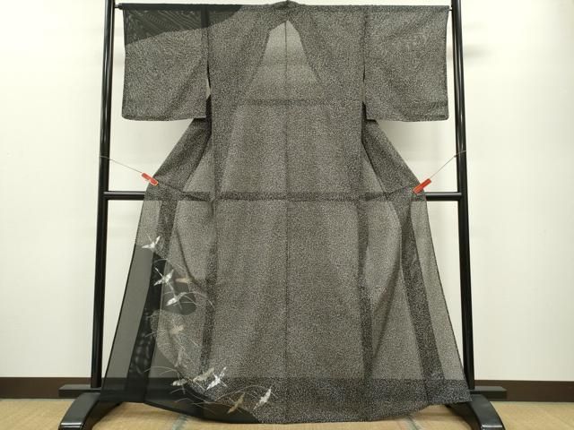 平和屋着物＊夏物 訪問着 絽 飛鶴芝草文 たたき染め 黒地 金銀彩