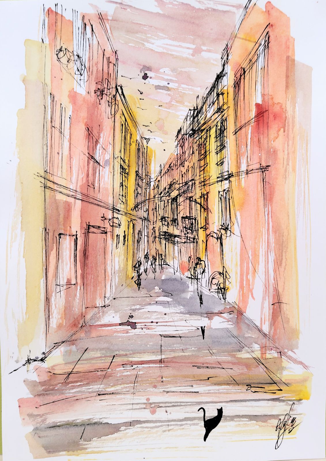 原画#3793 カフェ　黒猫　花　夕暮れ　ヨーロッパ　水彩画　ドローイング　絵画 原画#3793 カフェ 黒猫 花 夕暮れ ヨーロッパ 水彩画 ドローイング