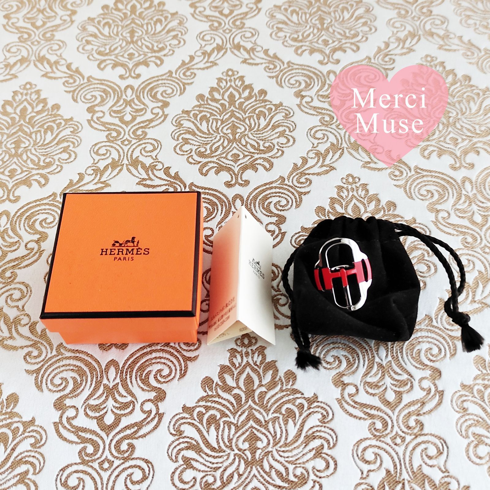 【新品未使用】エルメス　ツイリー　リング　ミニバックル ❤未使用品❤ツイリーリング ミニバックル レッドxシルバー金具