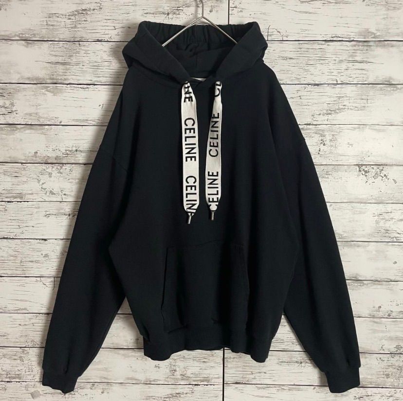 【希少XXL・最高級の逸品】セリーヌ☆ドローコードロゴ入りパーカー/2938 セリーヌ ドローコードロゴ パーカー CELINE Mサイズ ブラック 黒 プル