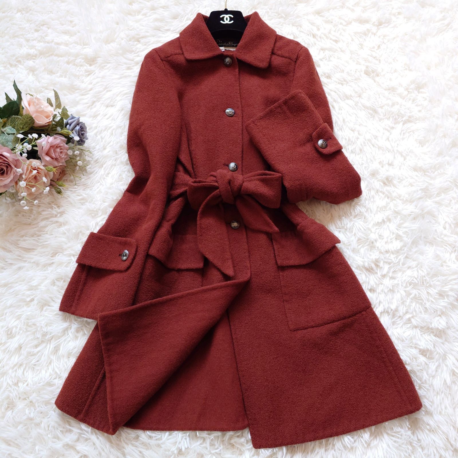 【美品】サルヴァトーレフェラガモ　ダブルフェイス　コート　ロゴボタン　ブルー　L サルヴァトーレフェラガモ Salvatore Ferragamo リバーコート ダブル