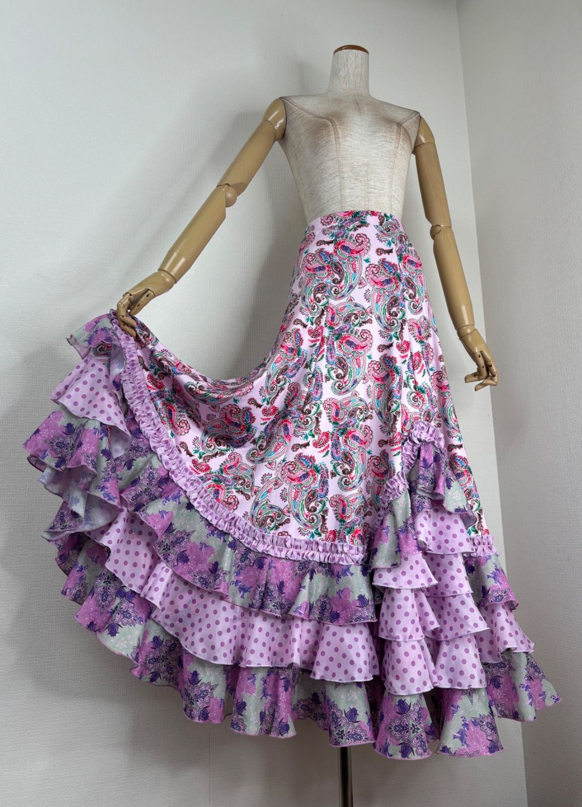 フラメンコ衣装　☆ファルダのみ　軽やかな花柄ファルダ♡ 新品》フラメンコ ファルダ ピンク×薄パープル 社交ダンス ロング