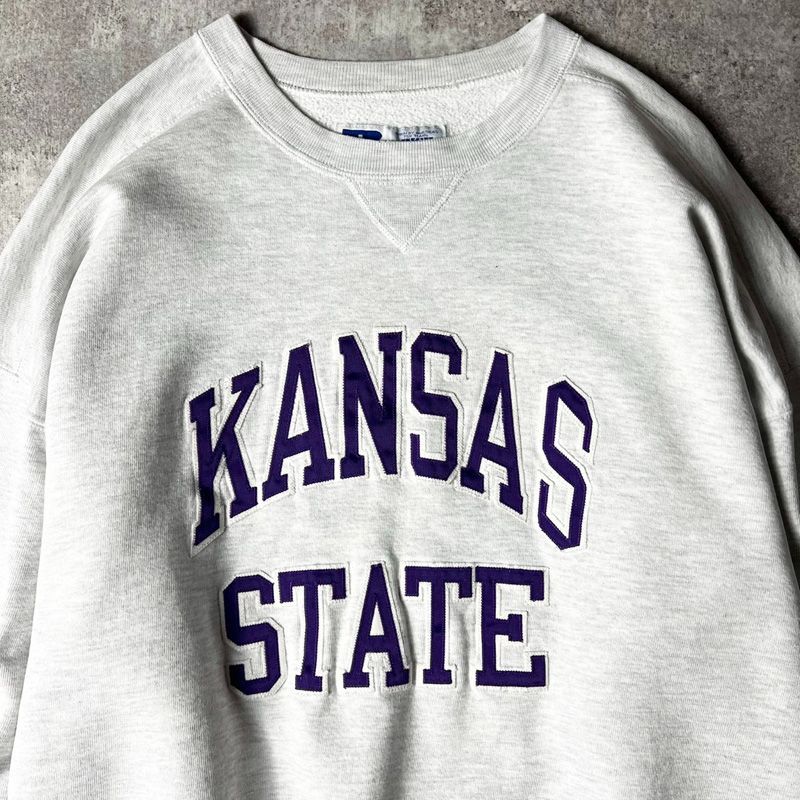 90s USA製 RUSSELL 2段 カレッジ パッチ 刺繍 スウェット トレーナー