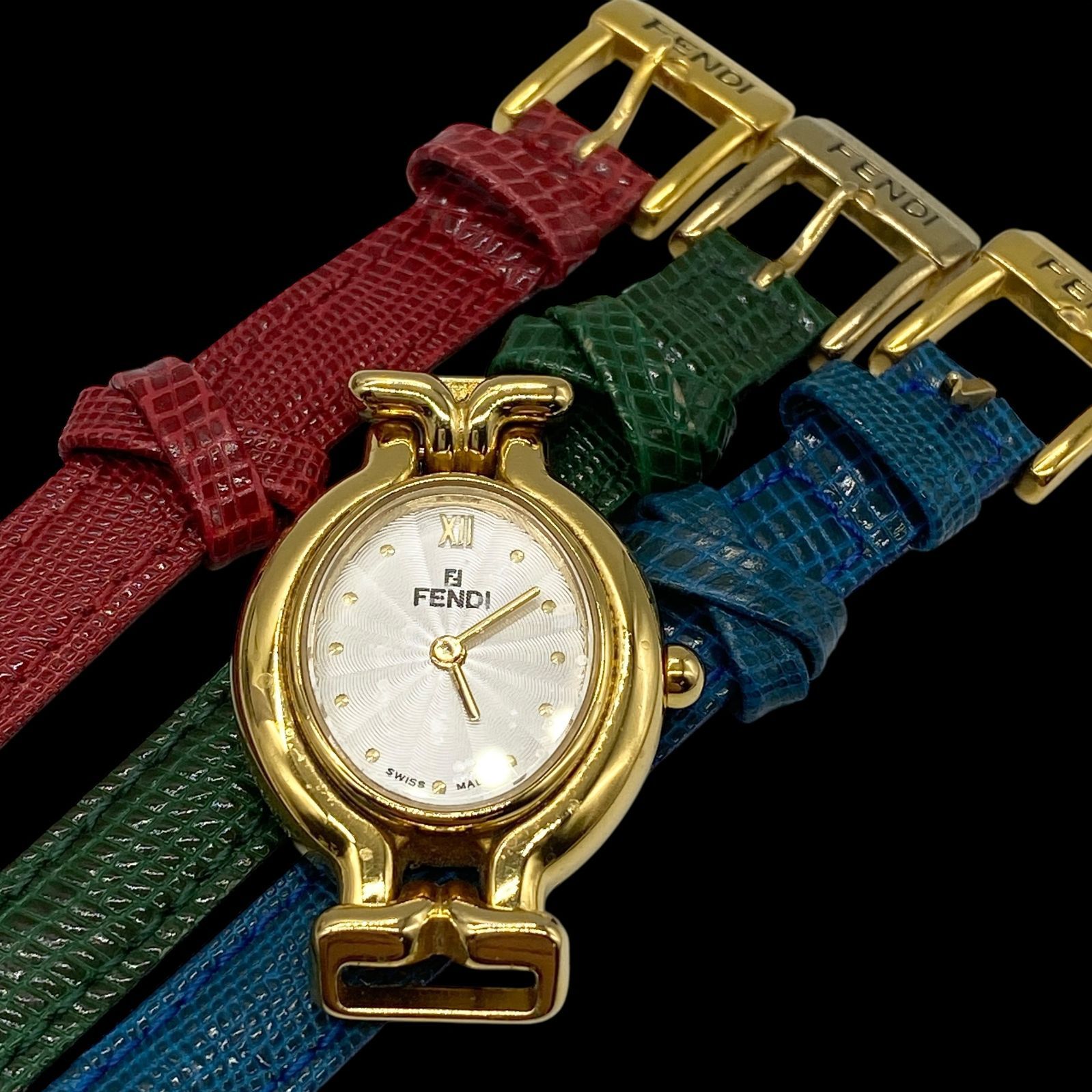 電池 稼働品 FENDI フェンディ 640 L カメレオン チェンジベルト 3本 2針 ゴールド レディース腕時計 クォーツ QZ