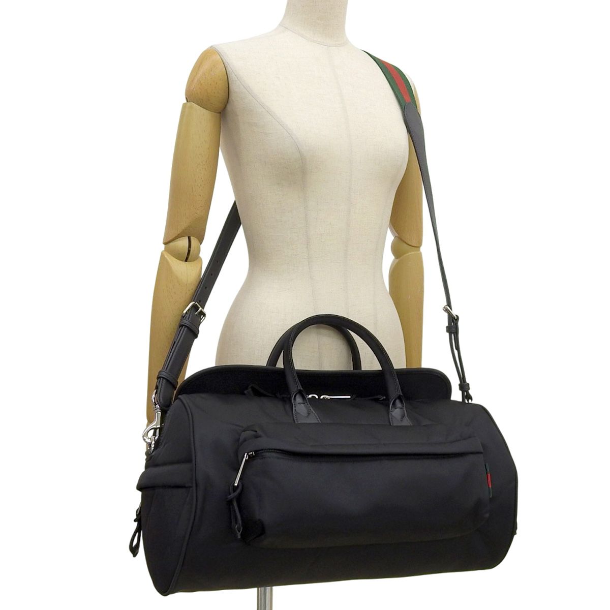 GUCCI(グッチ) シェリー ボストンバッグ シェリーライン 2WAY ショルダー 肩掛け 斜め掛け ナイロン レザー ブラック黒 グリーン緑 レッド赤 シルバー金具 800185 ユニセックス 40802156056【中古】【アラモード】 GUCCI(グッチ) シェリー ボストンバッグ シェリーライン 2WAY