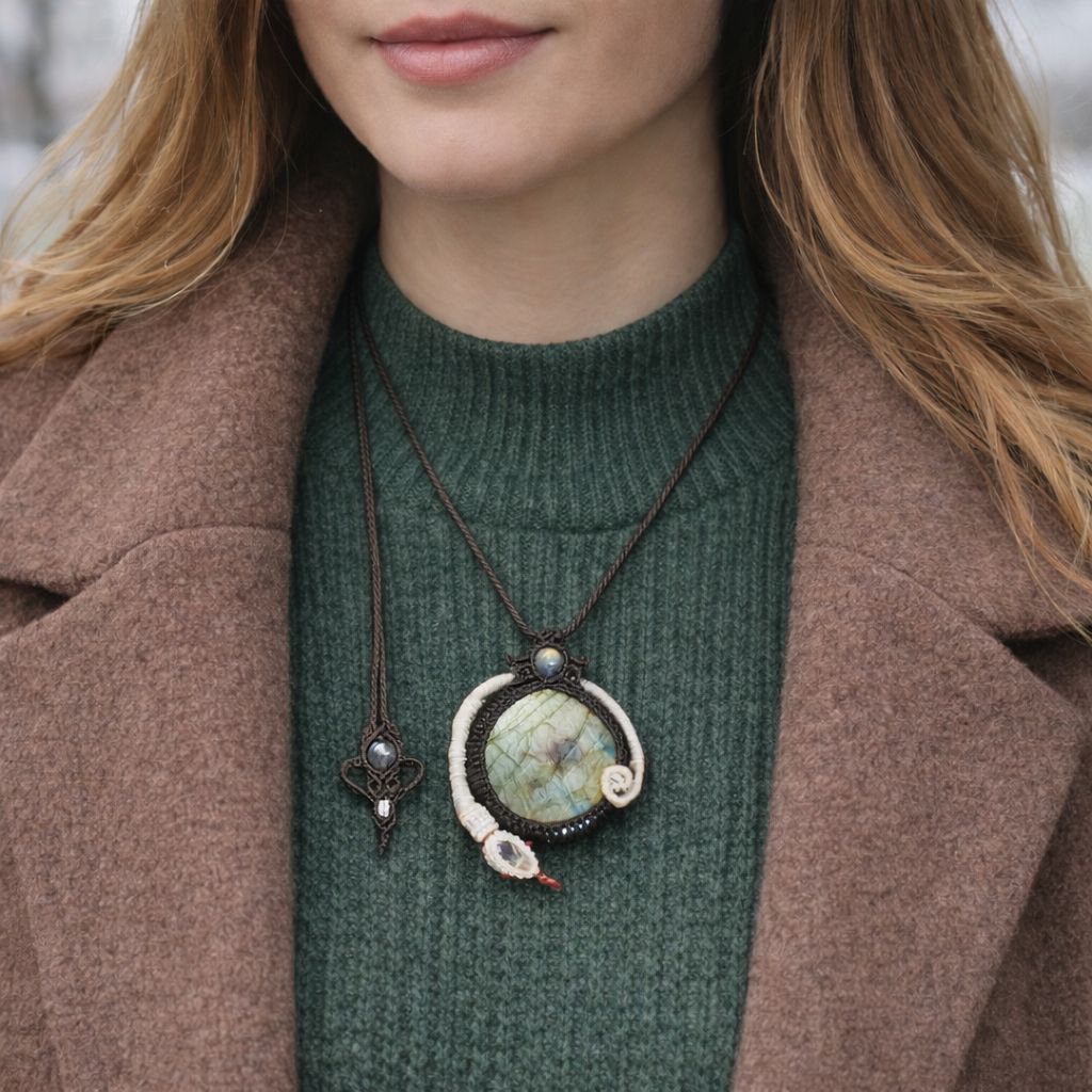 月と太陽を象徴する魔石『ラブラドライト』蛇モチーフ・マクラメ編み