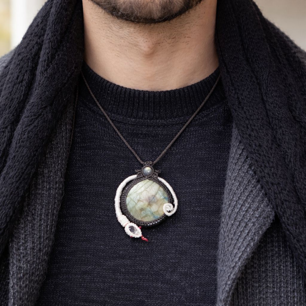 月と太陽を象徴する魔石『ラブラドライト』蛇モチーフ・マクラメ編み