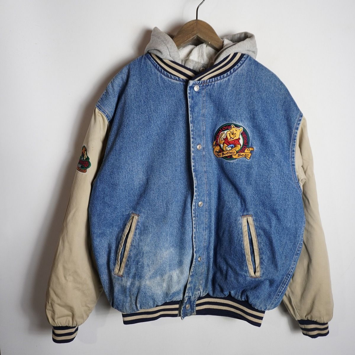 Disney 90s vintage プーさん デニムスタジャン フード付き M 90s Disney Winnie the Pooh ディズニー プーさん 刺しゅう デニム