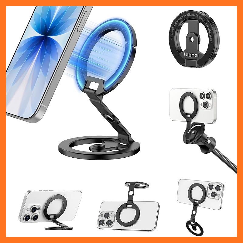 【新品】 Ulanzi MA02 スマホスタンド 携帯リング MagSafe対応 スマホホルダー 両面マグネット 超?磁力 アルミ製 超薄型折りたたみ式 多機能角度調整可能 金属リング付き 1/4