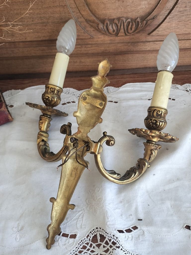 フランス アンティーク 装飾 壁かけ ランプ ブロンズ 2灯ブラケット 美