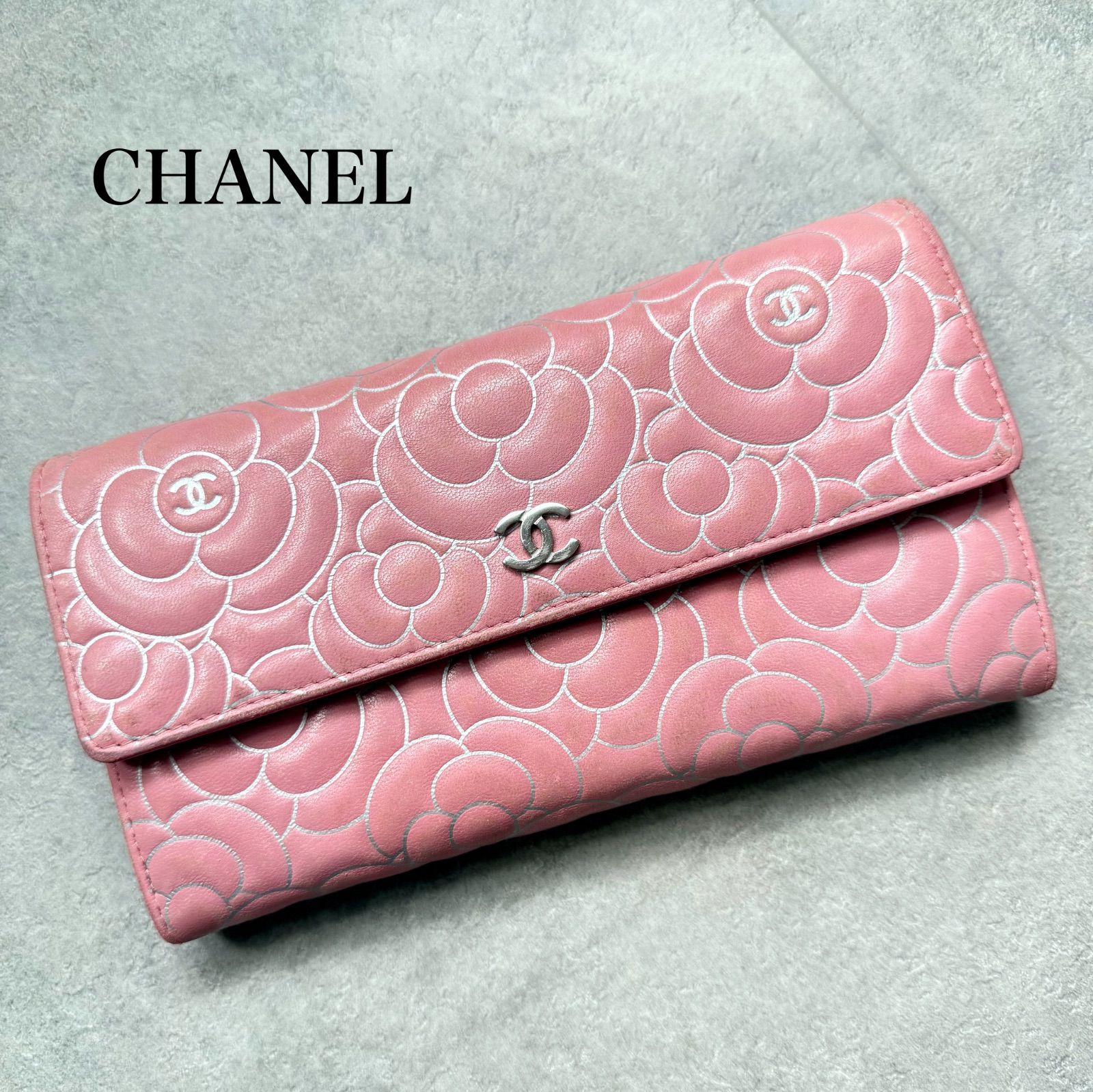 CHANEL シャネル カメリア ココマーク 二つ折り長財布 レザー ピンク