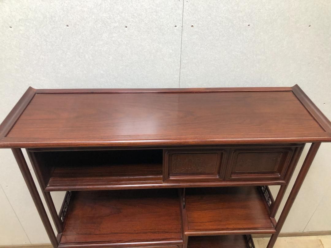 紫檀 茶棚 茶箪笥 飾り棚 違い棚 戸棚 唐木 透彫 昭和レトロ