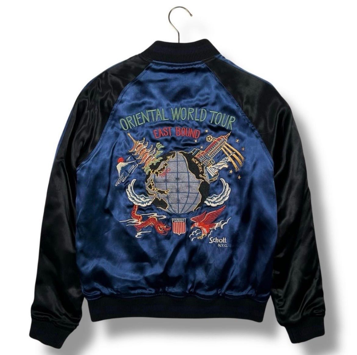 美品 Schott スカジャン 中綿入り schott ショット スカジャン オリエンタルワールドツアー 黒紺 XS 中綿