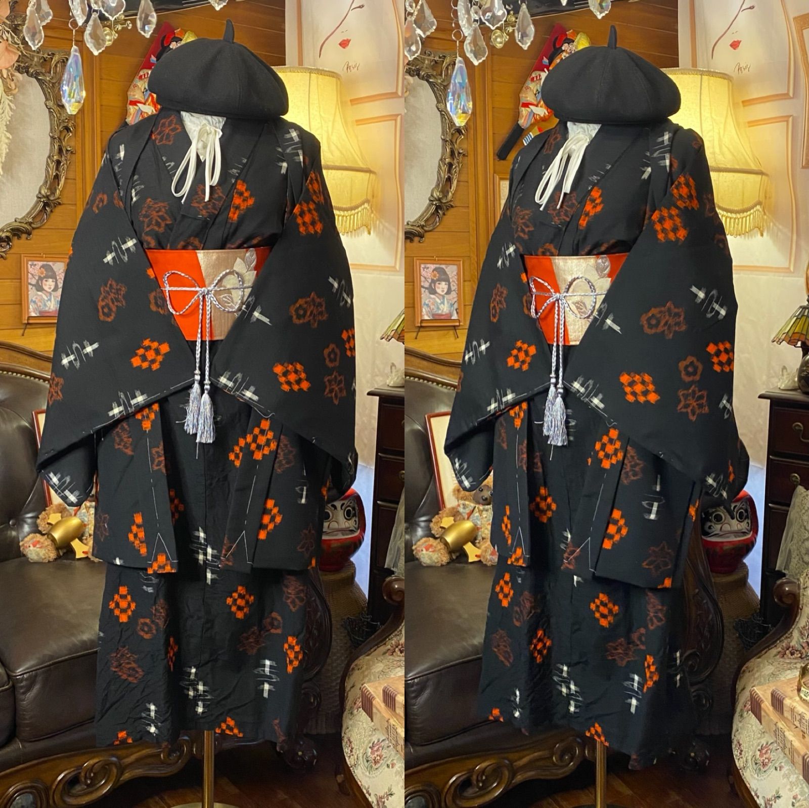 和洋折衷ワンピース 着物アンサンブル セミロング 名古屋帯サッシュベルト付き ハンドメイド レトロ 古着 深淵の黒に灯るオレンジの鼓動 aKW 130