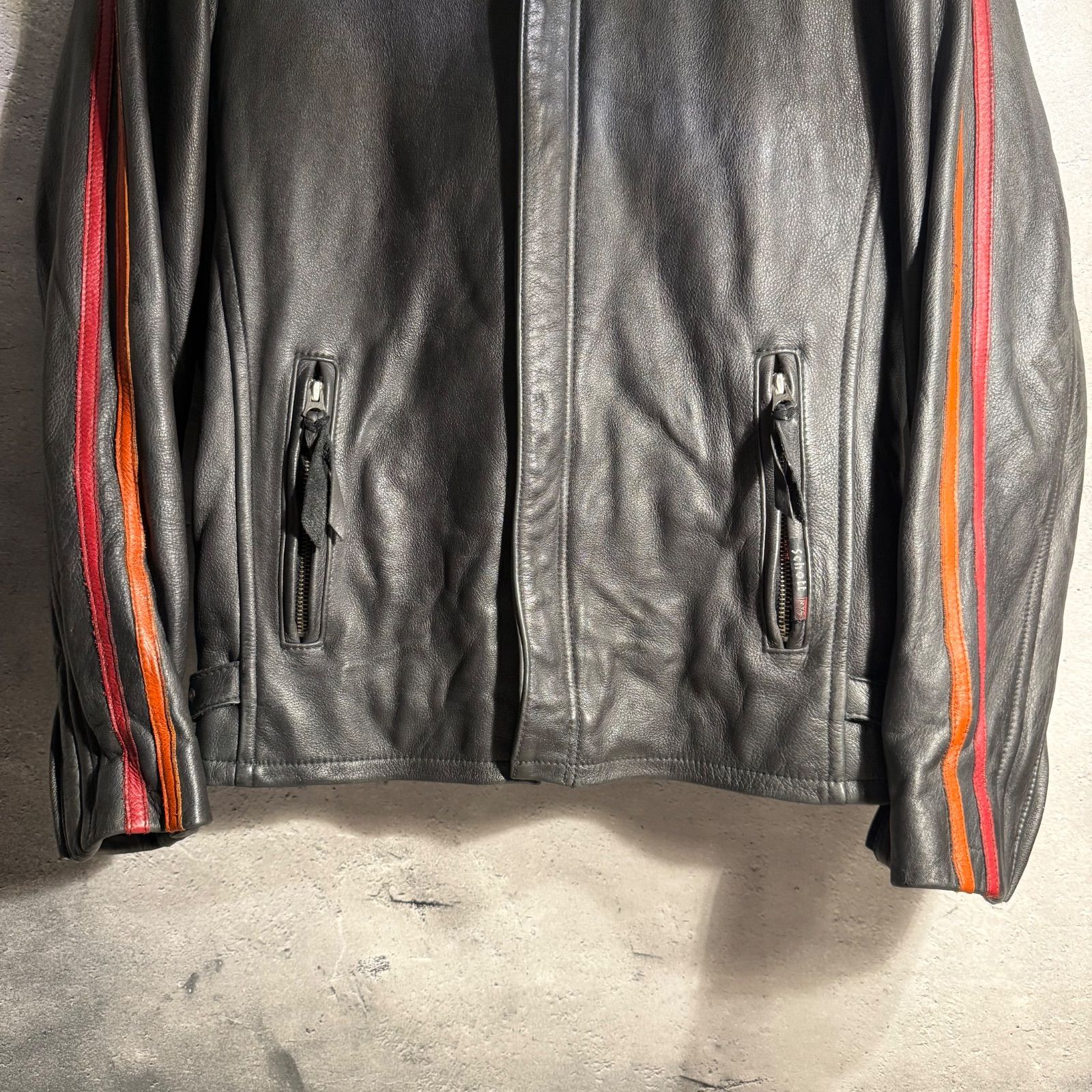 Schott シングル ライダースジャケット ビンテージ加工 裏地チェック Schott ショット レザージャケット M ブラック系 ビンテージ 裏地