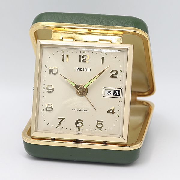 稼働 セイコー 手巻き アイボリー文字盤 トラベルクロック 置時計