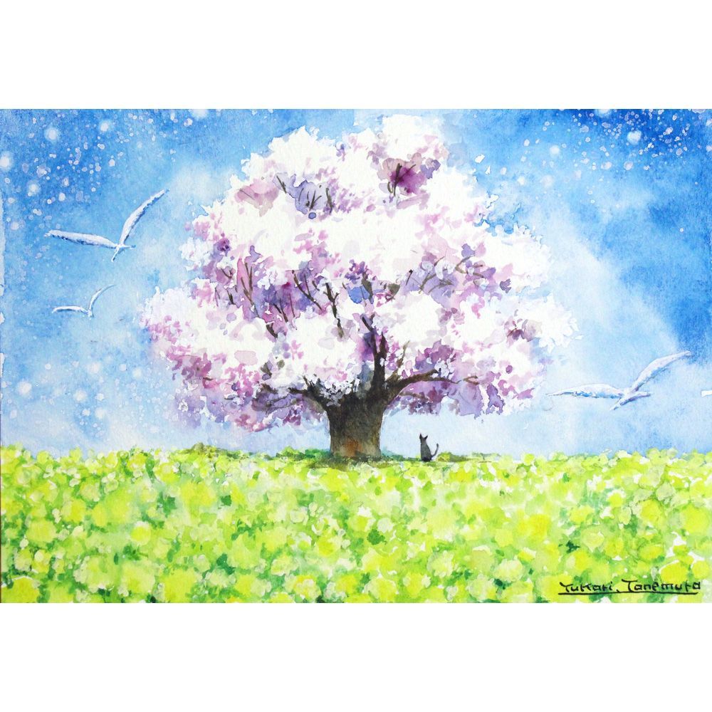 原画）春の一本桜と菜の花【SMサイズ／水彩画／#2949】 - メルカリ