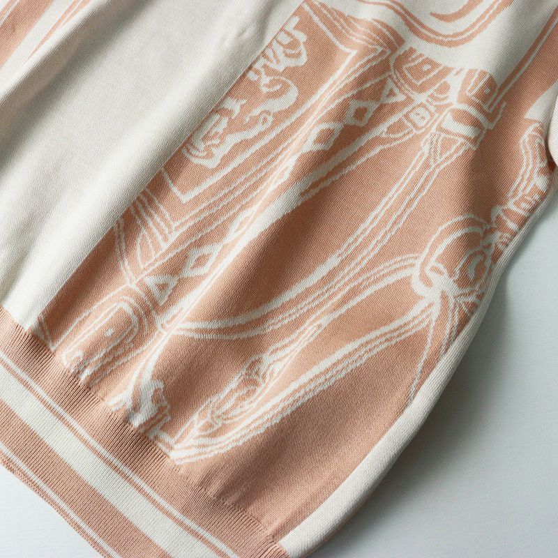 美品 2024SS エルメス HERMES 無秩序 フィネス インターシャ編み ショートスリーブシルクニット34//ベージュ 伊製【2400014670714】 HERMES - 美品 2024SS エルメス HERMES 無秩序 フィネス インターシャ