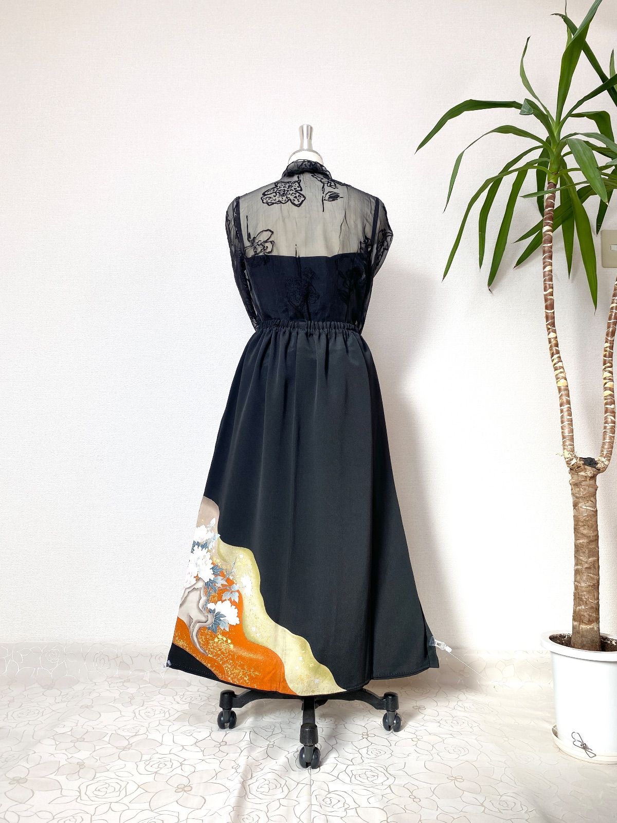 大人可愛いセレブ着物スカートフリーサイズ1点物黒留袖着物リメイク