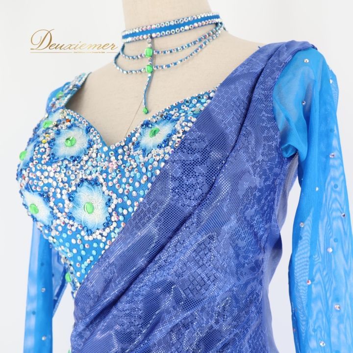 白樺ドレス　社交ダンスドレス ラテンドレス　青　痩せみえドレス 社交ダンス 衣装 白樺ドレス ラテン ドレス ワンピース 青 デモ 競技